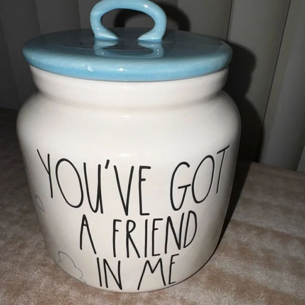 Rae Dunn Pixar Toy Story “ you’ve got a friend in me” White and Blue Ceramic Jar